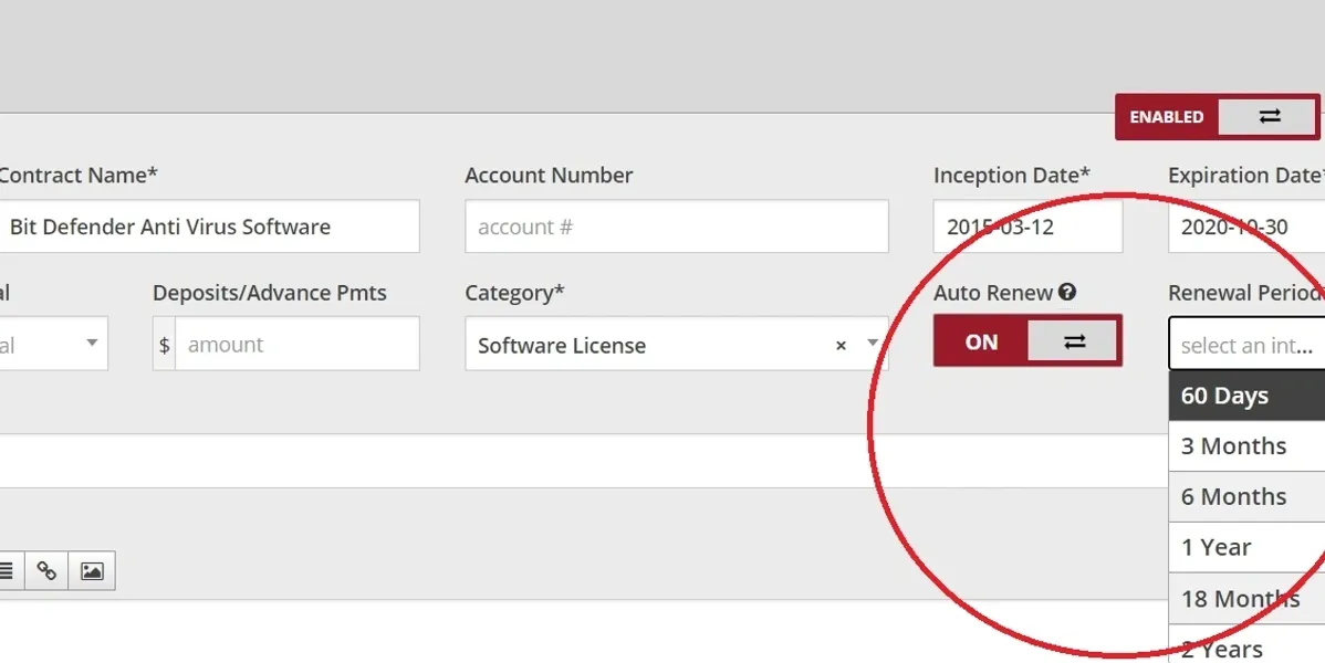 Auto Renew feature in RenewAlert Operations Guide Software enabling recurring tasks and reminders