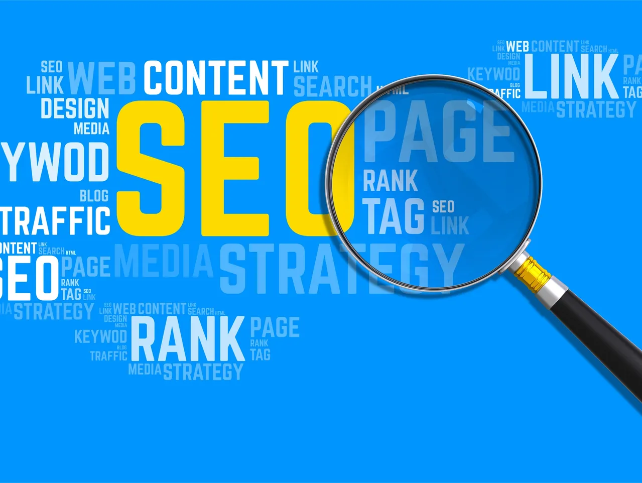 Magnifying glass over SEO-related words collage.