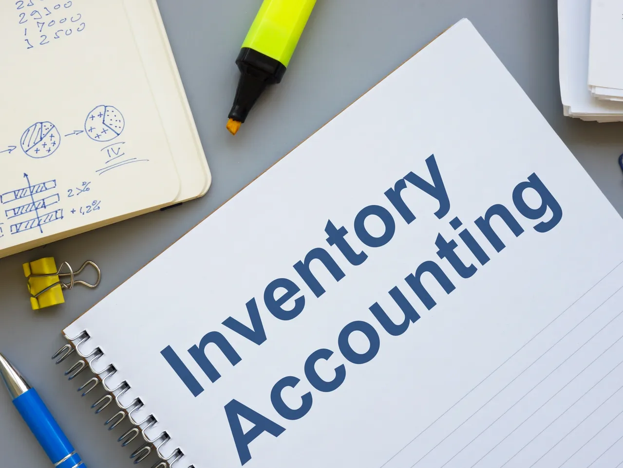 Notebook labeled Inventory Accounting with stationery items representing asset tracking