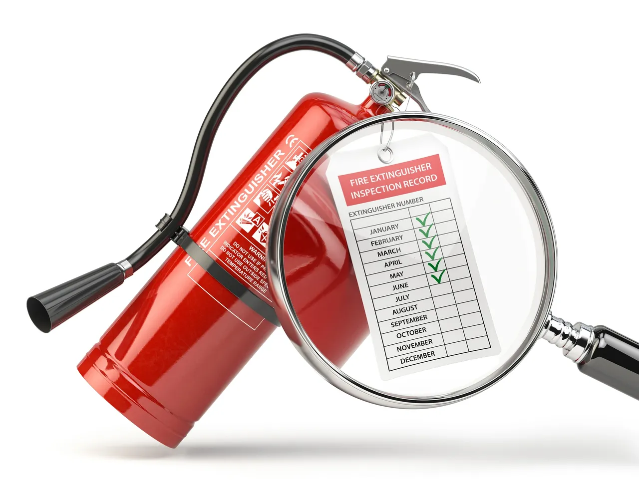 Fire extinguisher with inspection checklist magnified