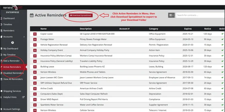 Screenshot of RenewAlert showing the export to Excel feature for downloading reminders and tasks