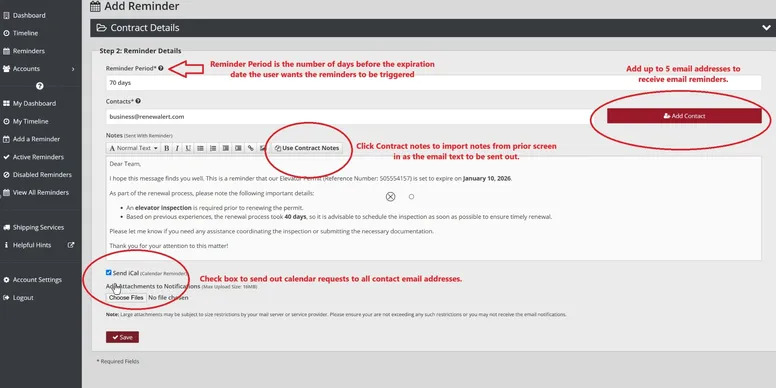 Screenshot of customizable email reminder field in RenewAlert for setting recipients, schedule, and message content