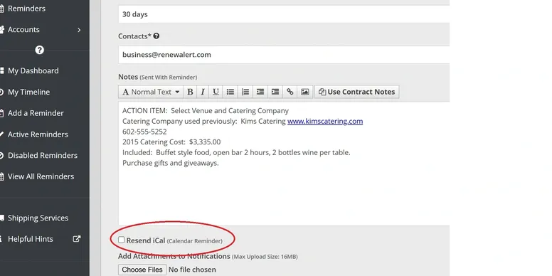 Screenshot of a RenewAlert email reminder showing the option to add the event to recipients' calendars