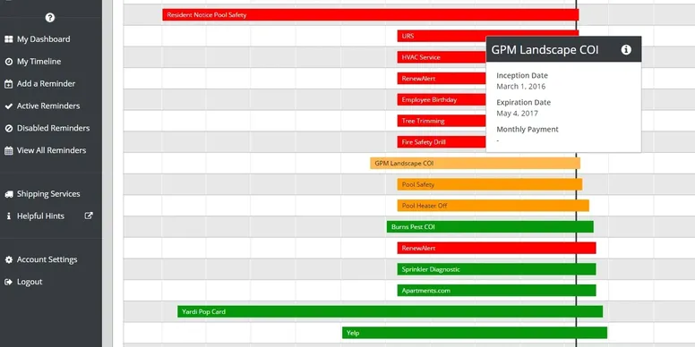Screenshot of RenewAlert’s color-coded timeline for tracking reminders and compliance tasks