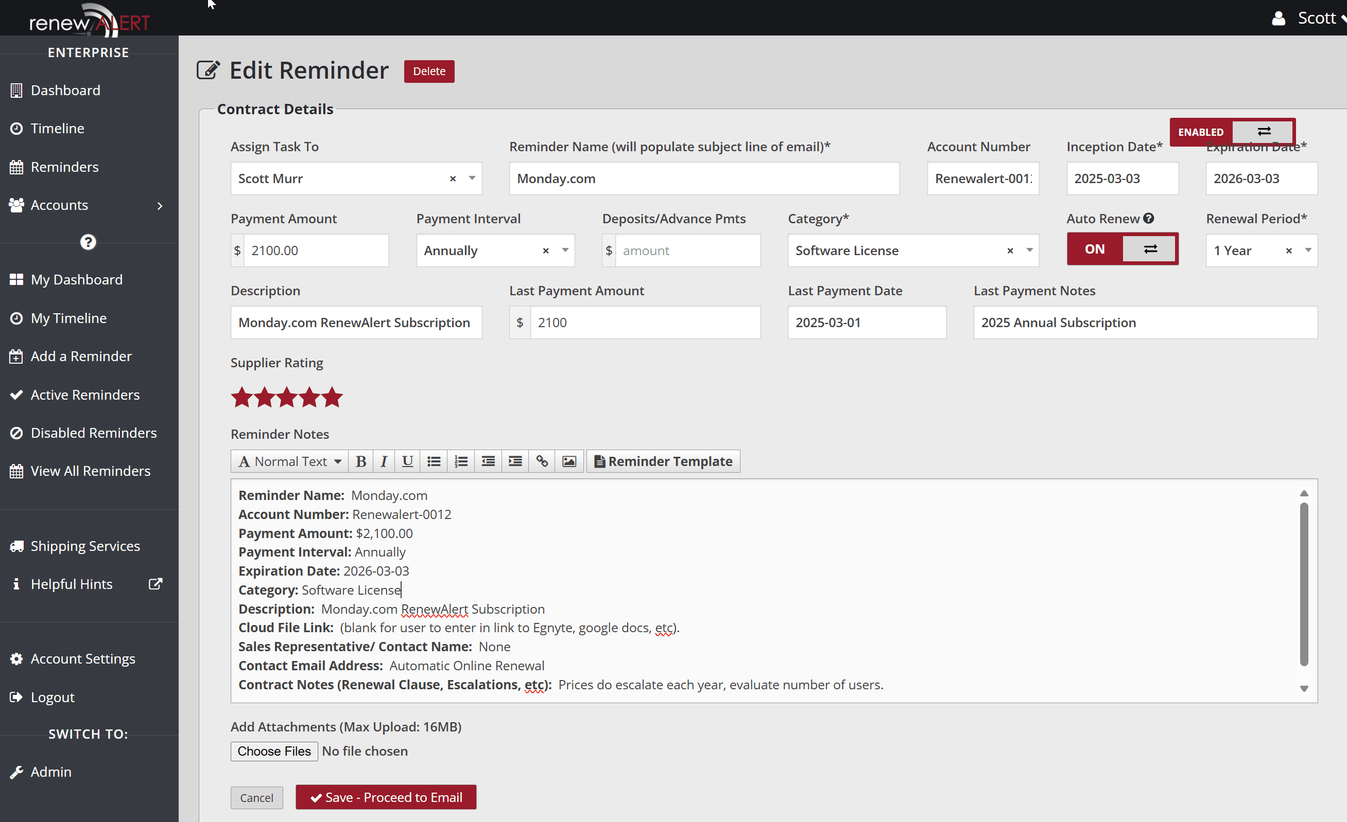 Reminder details screen in RenewAlert Operations Guide Software showing task scheduling, vendor information, and automated email options