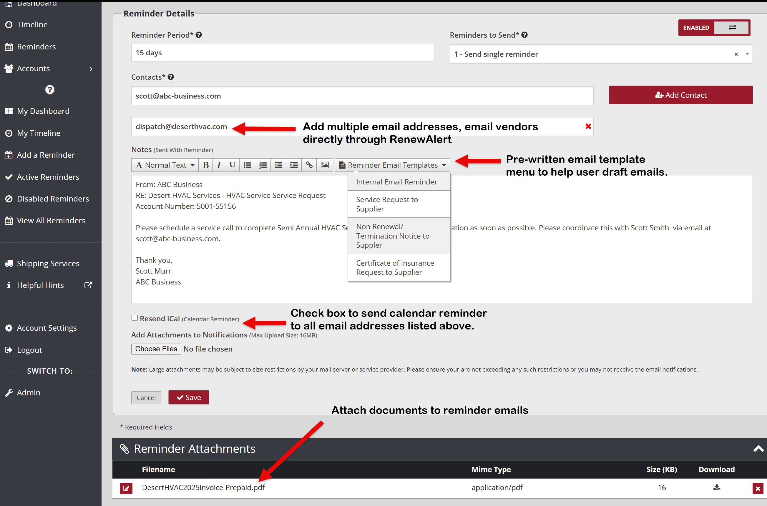 Sample email reminder entry window in RenewAlert Operations Guide Software with pre-filled subject, message, and dynamic fields