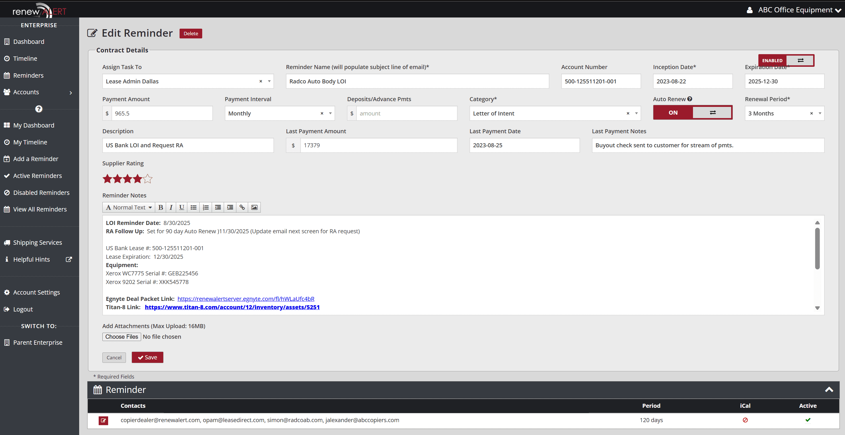 Copier lease reminder form with editable fields for LOI tracking, lease expiration, buyout status, and customer data in RenewAlert.