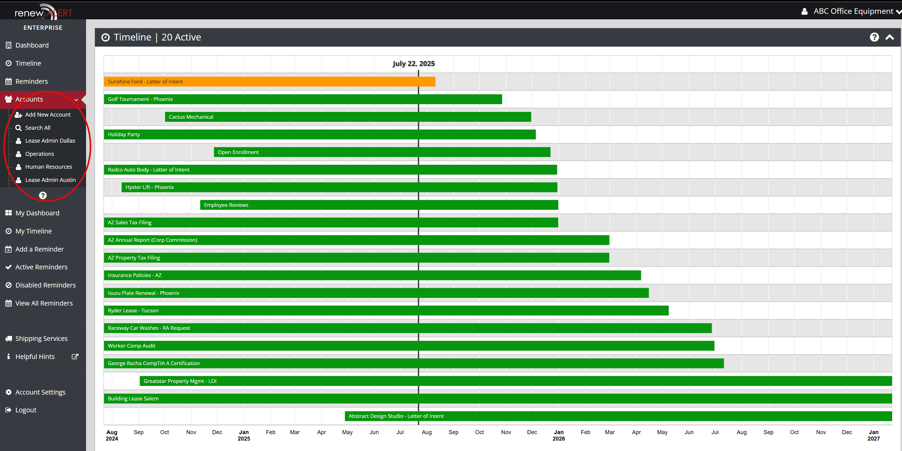 RenewAlert timeline view showing LOI tracking and operational reminders across multiple departments.