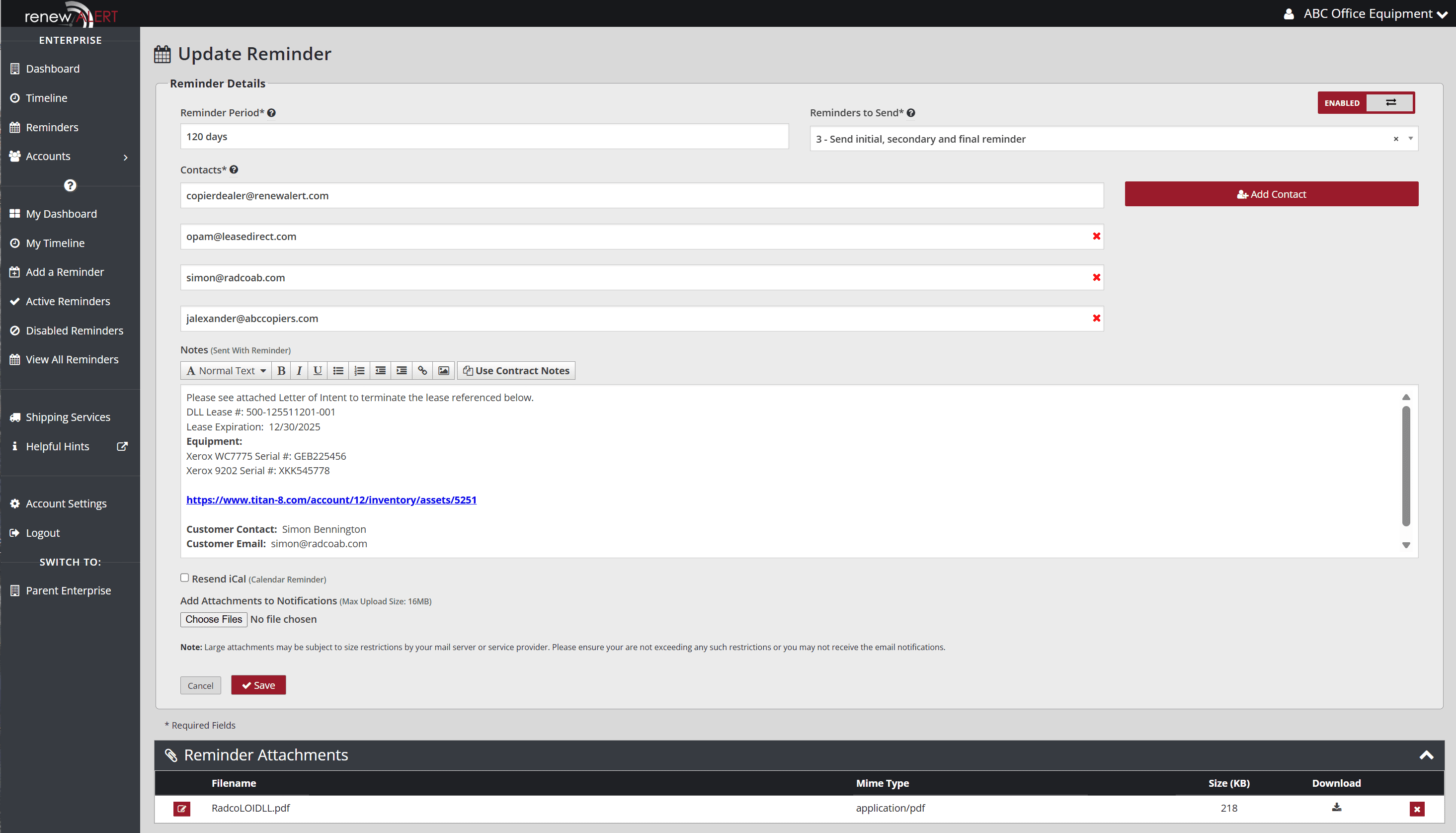 Reminder email setup screen in RenewAlert showing recipient fields, message content, and attached LOI document.