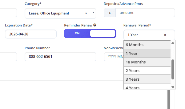 RenewAlert auto-renew reminder setup screen showing recurring interval options including monthly, quarterly, and annual reset settings for automated deadline tracking
