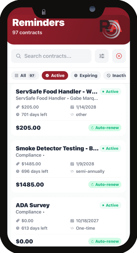 RenewAlert contract reminder software mobile app showing renewal tracking and compliance deadline management on tablet